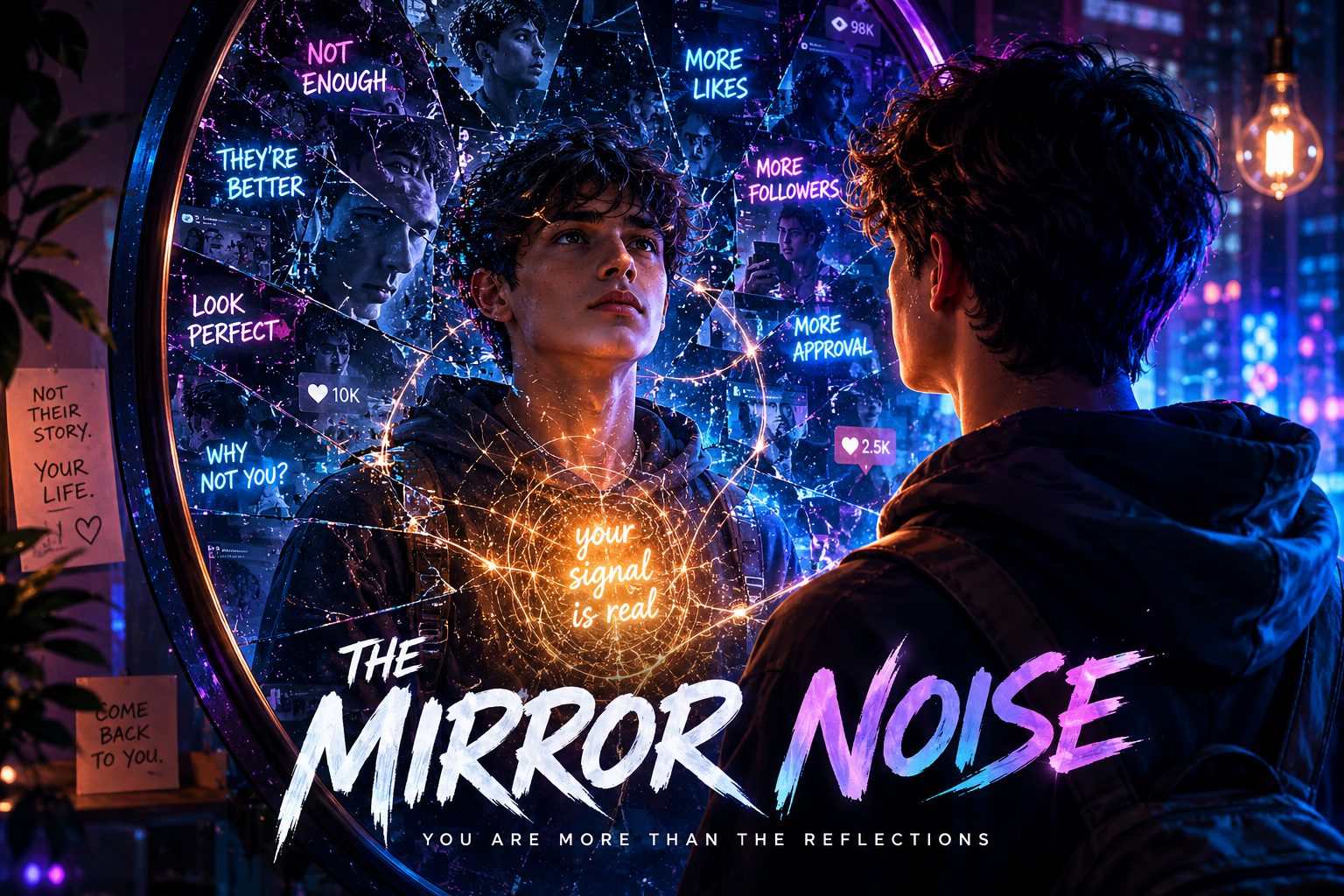 Abstract mirror cover artwork with digital noise, comparison fragments and a glowing inner signal