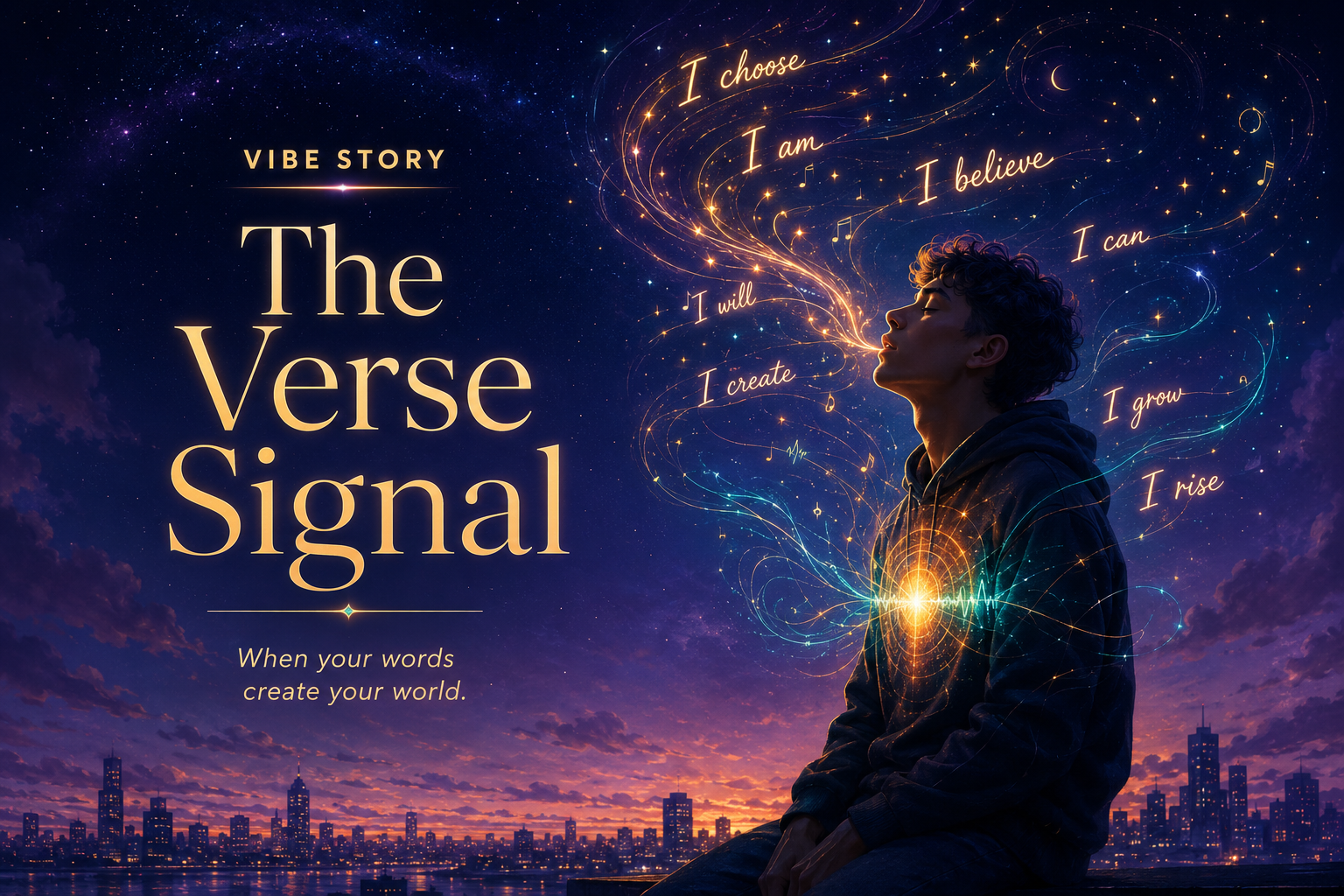 A young person surrounded by glowing words, music-like signal lines and a radiant inner light