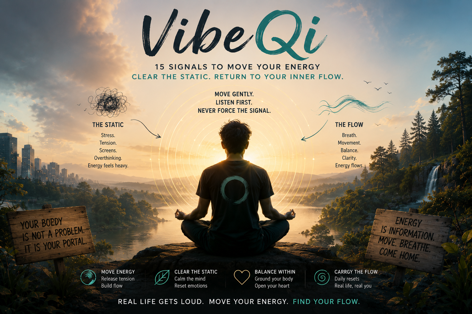 A young person meditating above water and forest light with flowing energy rings around the body
